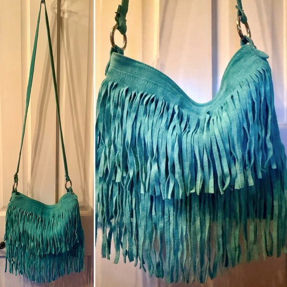 LiaTalia Handbags - NEW LIATALIA ITALIAN SUEDE LEATHER BOHO TURQUOISE FRINGE CROSSBODY PURSE HANDBAG
